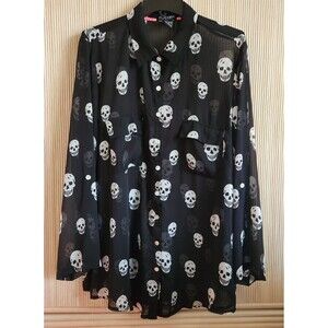 About A Girl Los Angeles Women's Blouse Size 2X Black White Skulls Sheer EUC